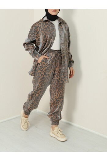 Modamorfo Leopard Pattern Flamed Satin Set - Brown