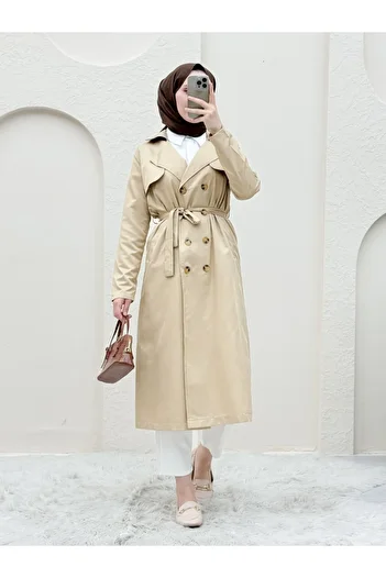 Modamorfo Beige Double Button Shawl Trench Coat - Shoulder and Waist Tie