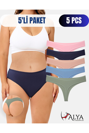 ALYA UNDERWEAR Chiloți tangi din bumbac de mărime Plus pentru femei - Pachet de 5 albastru pudrat roz verde bleumarin