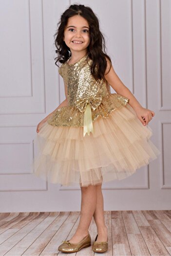 Mixie Girl's Gold Tulle Evening Dress
