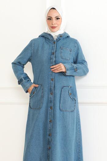 Modamihram Light Blue Hooded Denim Coat - 19230