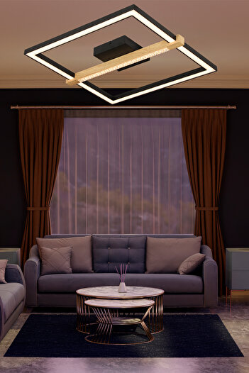 Apliqa April Siyah 58 Watt Plafonyer Kare Ahşap Desenli Modern Salon Led Avize