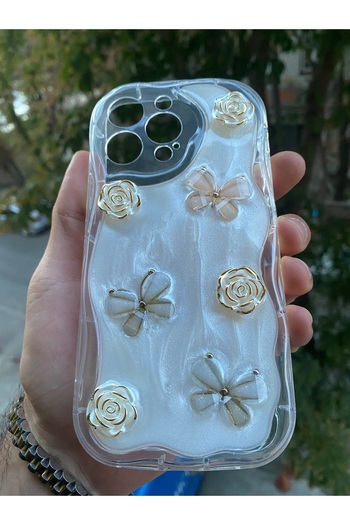 Rivor Apple İphone 16 Pro Max Kılıf Kamer Çıkıntılı Kabartmalı Kelebek Çiçek Desenli Kenarlar Şeffaf Kapak