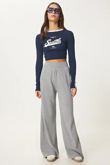 Lovelyİstanbul Light Gray Ribbed Knitwear Trousers - Lki̇0012