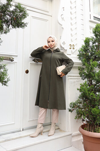new ats Hooded Zippered Pocket Cashew Coat