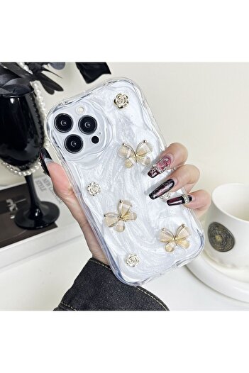Rivor Apple İphone 16 Pro Max Kılıf Kamer Çıkıntılı Kabartmalı Kelebek Çiçek Desenli Kenarlar Şeffaf Kapak