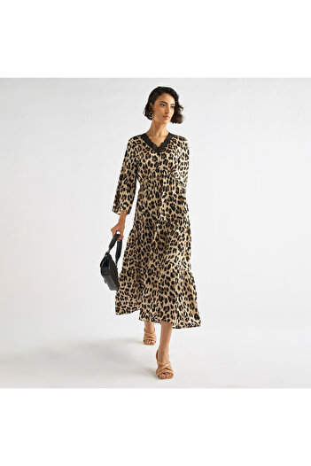 FAV All-Over Animal Print Tiered Midi Dress with Lace Detail and 3/4 Sleeves