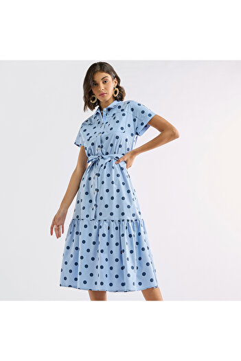 FAV Polka Dot Print Shirt Dress with Pockets and Tie-Up Detail