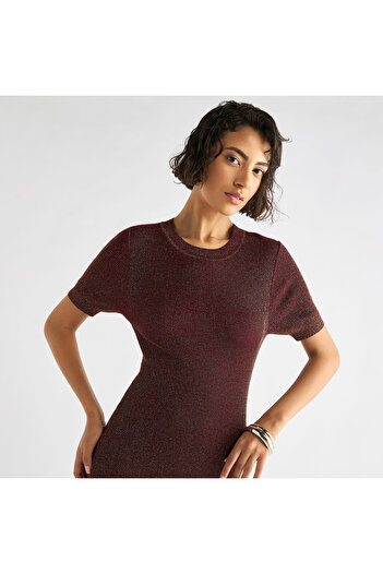 FAV Ribbed Midi Sheath Dress with Short Sleeves