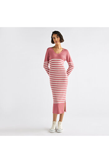 FAV Striped V-neck Dress with Long Sleeves