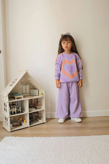 SZR Kids Heart Printed Girl's Cotton Sweatshirt and Spanish Set - Wide Leg