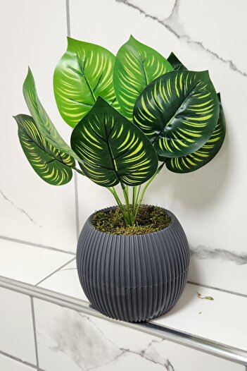 LUZAB Large Size Flower Pot Included Artificial Sword Leaf Table Flower Arrangement with Stone Moss V6 Anthracite