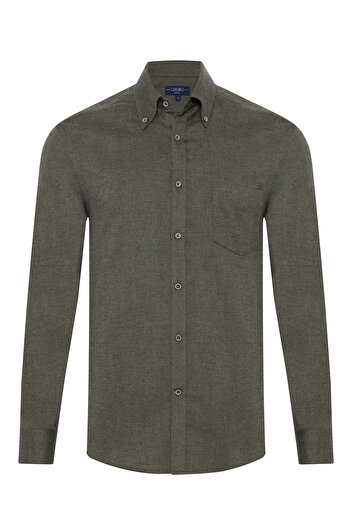 Germirli Khaki Herringbone Pattern Albini Cotton Lyocell Tailor Fit Flannel Shirt