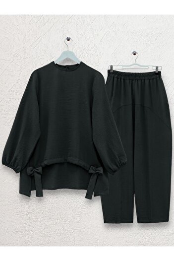 Modamorfo Pantaloni largi cu șal cu șnur în față Ayrobin Casual Set -Negru