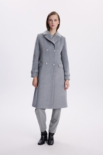 Zühre Double Breasted Collar Long Gray Coat 13570