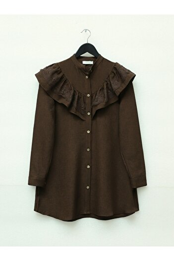 Modamorfo Judge Neck Lace Ruffle Linen Tunic - Brown