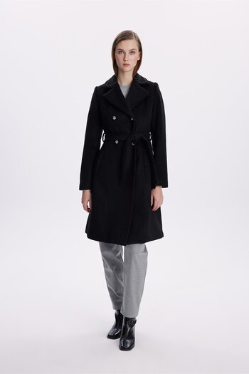 Zühre Double Breasted Collar Belted Black Coat 13664