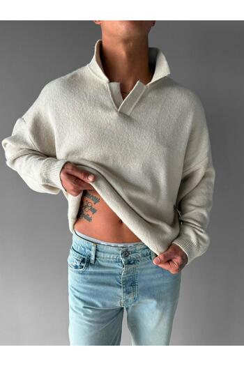 ablukaonline Unisex Polo Neck Soft Textured Oversize Sweater Stone