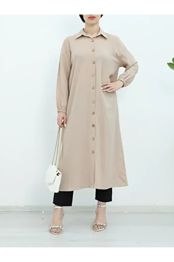 Modamorfo Beige Long Crinkle Tunic - Elastic Sleeves and Buttons