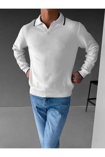 ablukaonline Ecru Men's Polo Neck Slim Ribbed Sweater