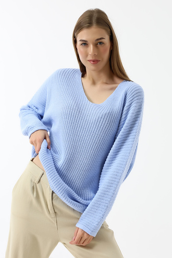 Devinka Women's Blue Oversize Casual V-Neck Knitwear Sweater