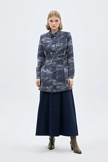 Zühre Shirt Collar Belt Detailed Navy Blue Jacket C-0115
