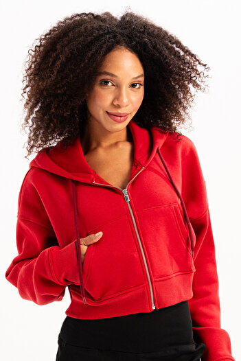 JUSTEVER Κόκκινο γυναικείο φούτερ - Crop Hoodie με κουκούλα, φερμουάρ και τσέπες καγκουρό - Lumen
