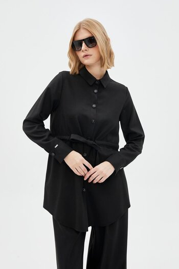 Zühre Buttoned Waist Tie Black Tunic T-1508