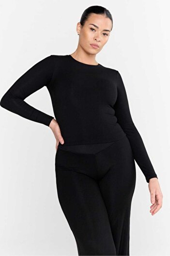 MADAM SHİLA Μαύρο σώμα Darkalıp Slimfit Βαμβακερό λαιμόκοψη Μπλούζα μεγάλου μεγέθους Μακρυμάνικη μπλούζα σε μέγεθος