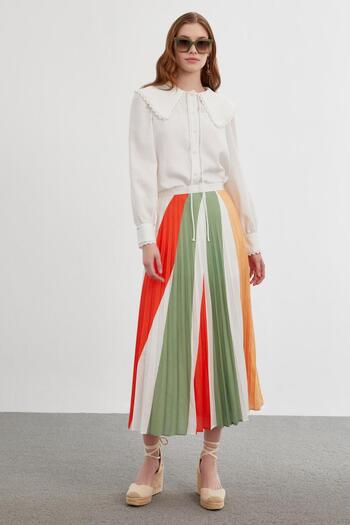 Zühre Pleated Color Block Green Skirt Etk-0145