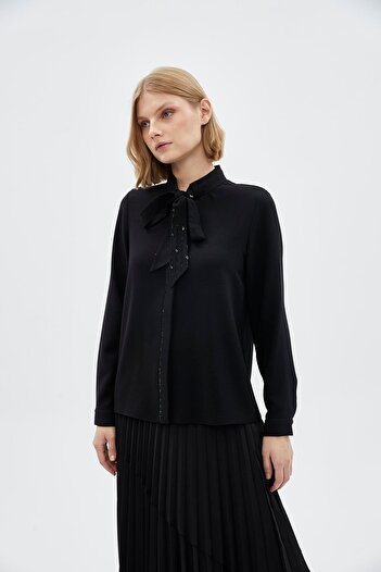 Zühre Bow Collar Long Sleeve Black Shirt G-0088