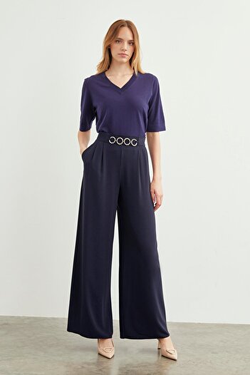 Zühre Navy Blue Casual Trousers - Accessory Detailed, P-0177
