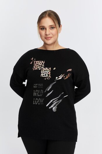 RMG Plus Size Boat Neck Leopard Pattern Printed Knitwear Black