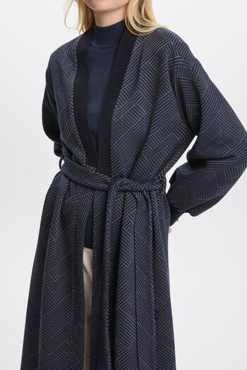 Zühre Navy Blue Patterned Belted Cardigan - Hr-0007 Midn