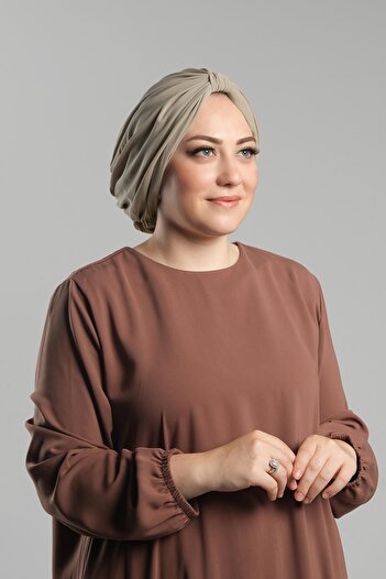 HÜRREM BONE Πρακτικό έτοιμο κουκούλα Hijab Σκούρο Μπεζ - Άμμο Πλισέ Casual 2121_44