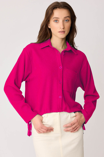Vitrin Buttoned Front Lace Up Waist Single Pocket Knitted Blouse