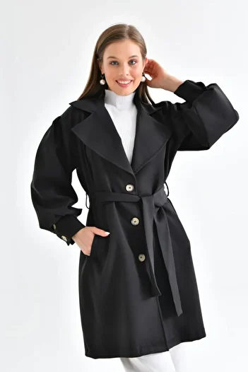 Deafox Black Button Detail Water Repellent Belted Trench Coat