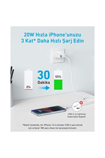 Anker 20W USB-C + USB-A Çift Portlu Şarj Cihazı - A2348 - Beyaz