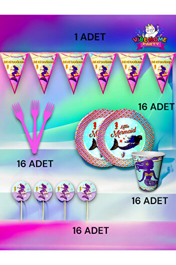 VibeHome 16 Kişilik Deniz Kızı Temalı Eko Set - Doğum Günü Parti ve Eğlenceli Etkinlikler