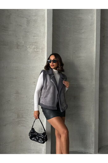 Caddebostan Moda Gray Suede Collar Fur Premium Luxury Trend Special Design Women's Vest