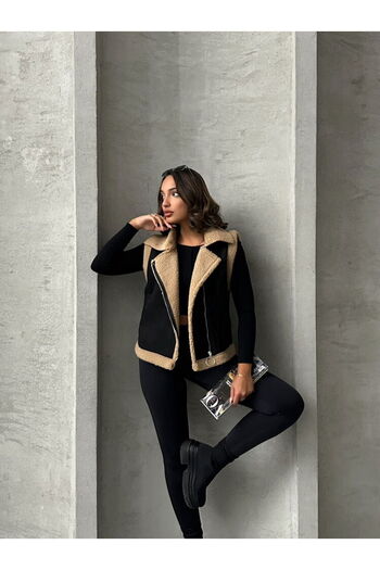 Caddebostan Moda Black-Milky Brown Suede Collar Fur Premium Luxury Trend Special Design Women's Vest