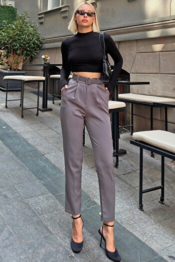 Swist Women's Smoked Vivon Pants with High Waist and Belt - Elastic Waist