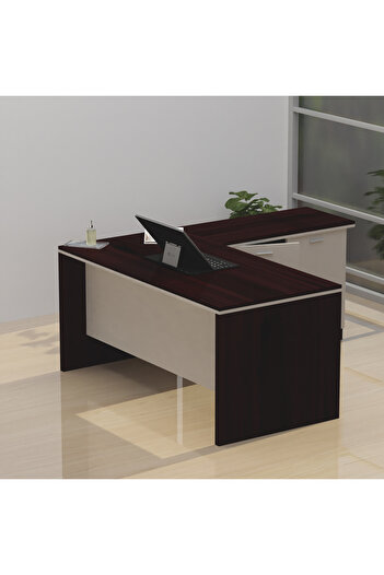 Mahmayi Zelda M225 L-Shape Executive Workstation Desk with Cabinet Ideal for Office - Dark Walnut