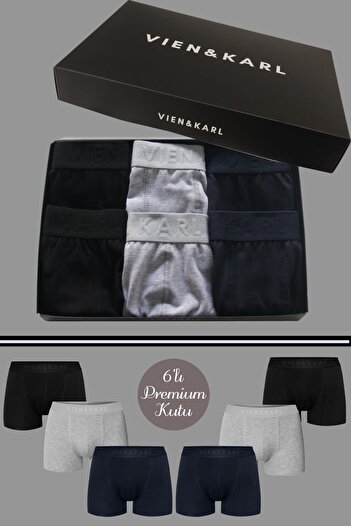 Vien&Karl Erkek Siyah Gri Lacivert 6’lı Kutu Düz Likralı Boxer Şort