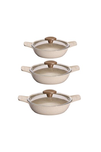 ThermoAD | Güveç Sahan Set | Döküm Kendinden Saplı | 6 Parça | Vizon | 18cm-20cm-22cm