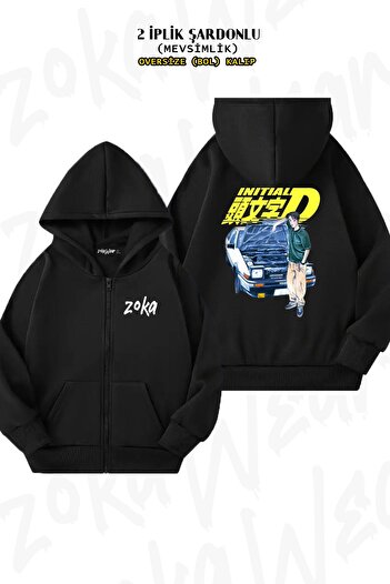 ZOKAWEAR Initial D Fujiwara Ae86 Manga - Cardigan negru cu glugă, imprimat pe spate, cu fermoar (2 fire)