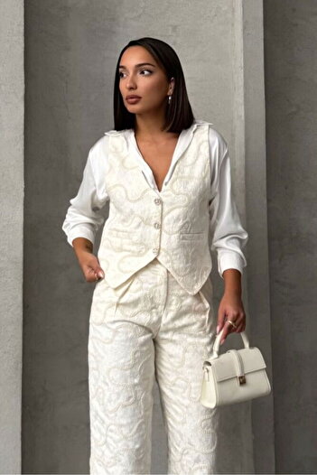Caddebostan Moda Cream Embroidered Stylish Special Fabric 100% Cotton Premium Luxury Trend Design Women's Vest
