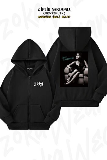 ZOKAWEAR Cardigan supradimensionat negru Amy Winehouse - imprimat pe spate, cu fermoar și hanorac (2 fire)