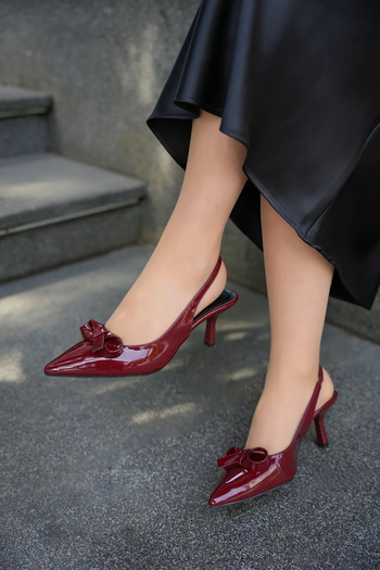 LAMİNTA Teddy Burgundy Patent Leather Bow Detailed Belt Tied Women's Heeled Shoes