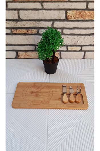 umut züccaciye Bamboo Cheese Serving Plate with 3 Knives and Forks Magnet Speciality